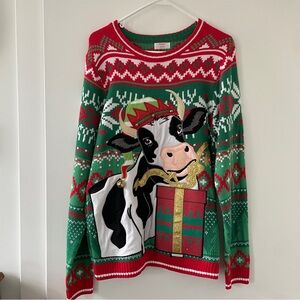 Festive Cow Holiday Sweater in Green & Red with Pocket (present)